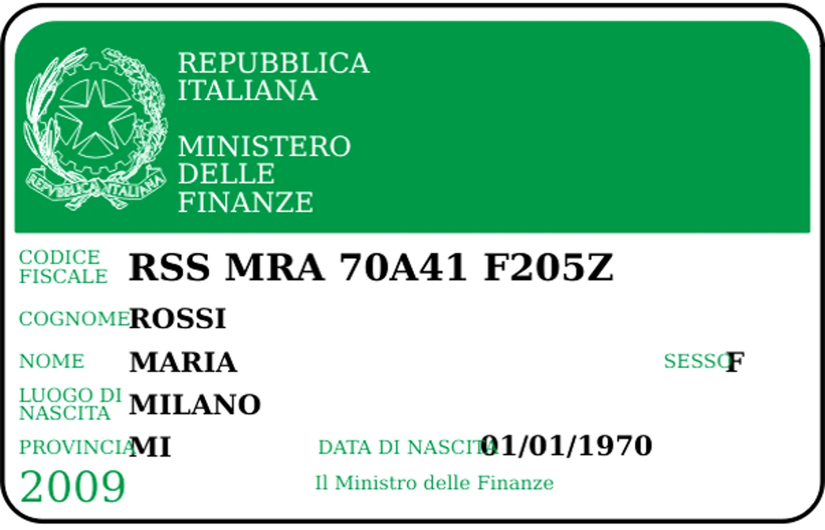 Example of a Codice Fiscale Card